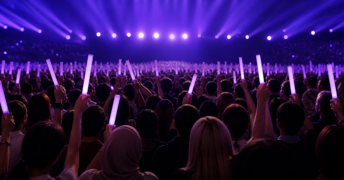 Purple concert lights above a diverse music audience holding plain light sticks
