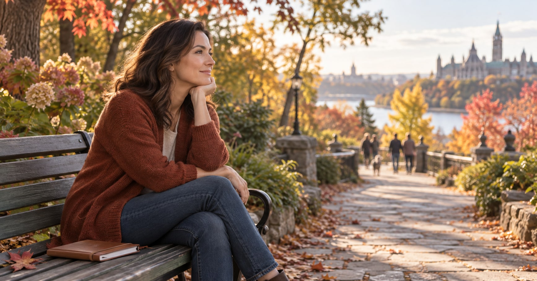 A woman pauses with her notebook on a garden bench, reflecting on relationship intentions.