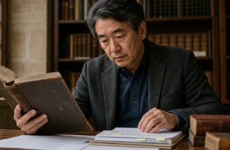 Historian comparing an old prophecy book with verified notes in an archive