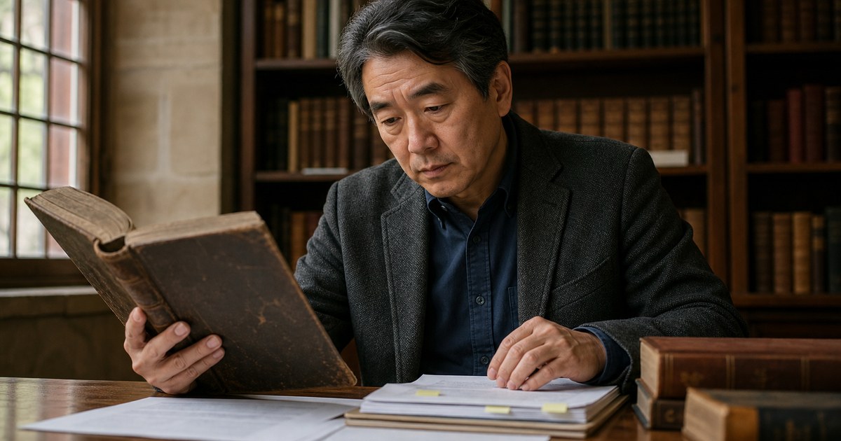 Historian comparing an old prophecy book with verified notes in an archive