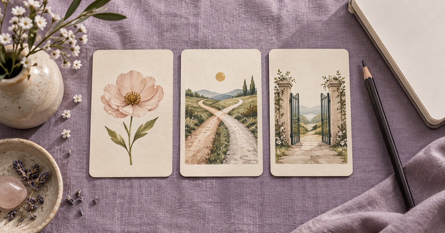 Three illustrated reflection cards beside a notebook on a lilac table.