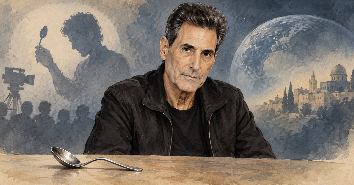 AI-generated editorial illustration of Uri Geller with a symbolic bent spoon; not an archival photograph