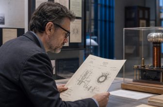 Science historian examining Tesla-era patents and a museum coil exhibit