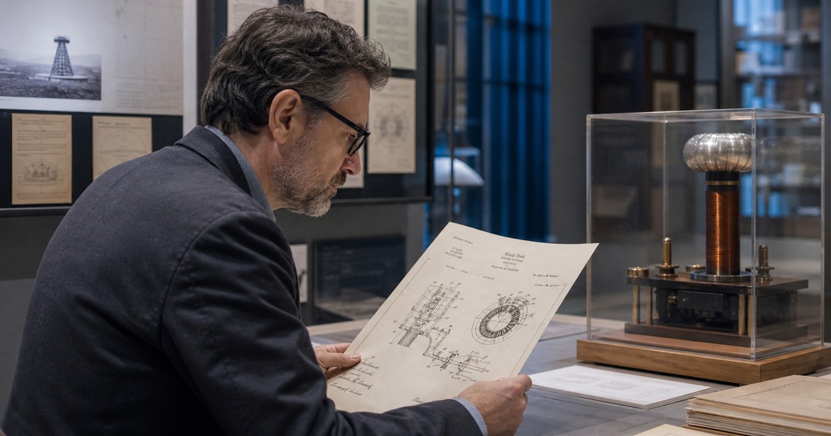 Science historian examining Tesla-era patents and a museum coil exhibit