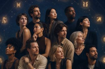 A diverse group of adults surrounded by symbolic zodiac constellations