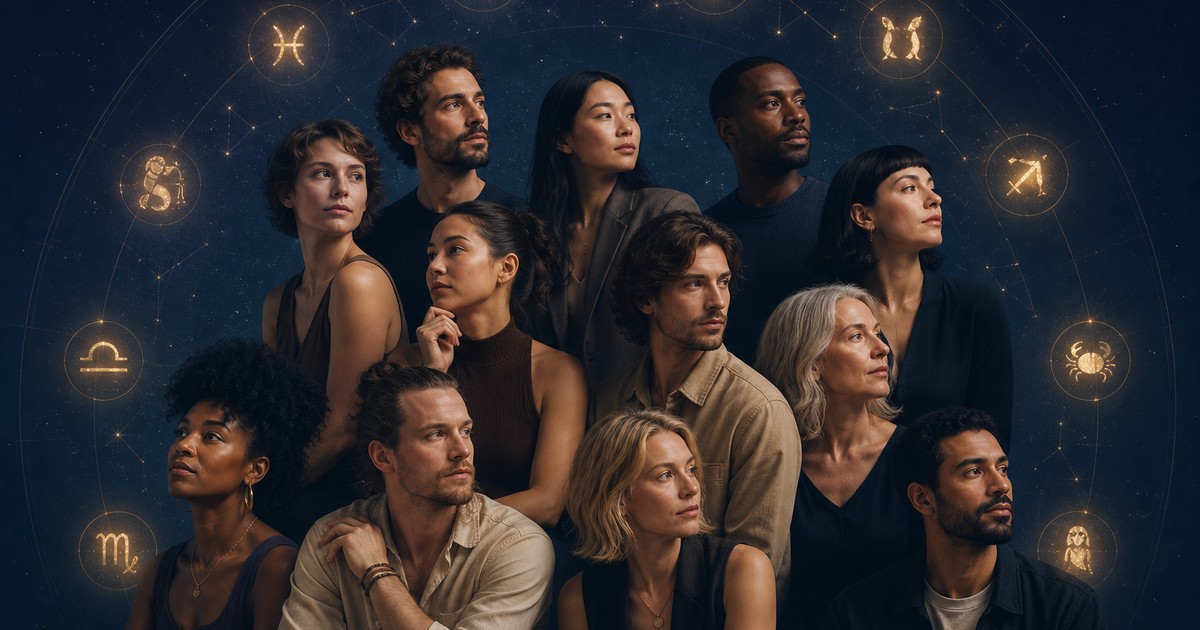 A diverse group of adults surrounded by symbolic zodiac constellations