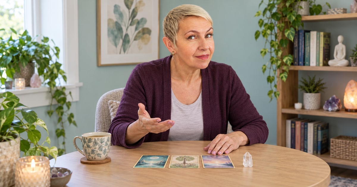 A medium explaining an appointment with oracle cards and a small crystal on her consultation table.