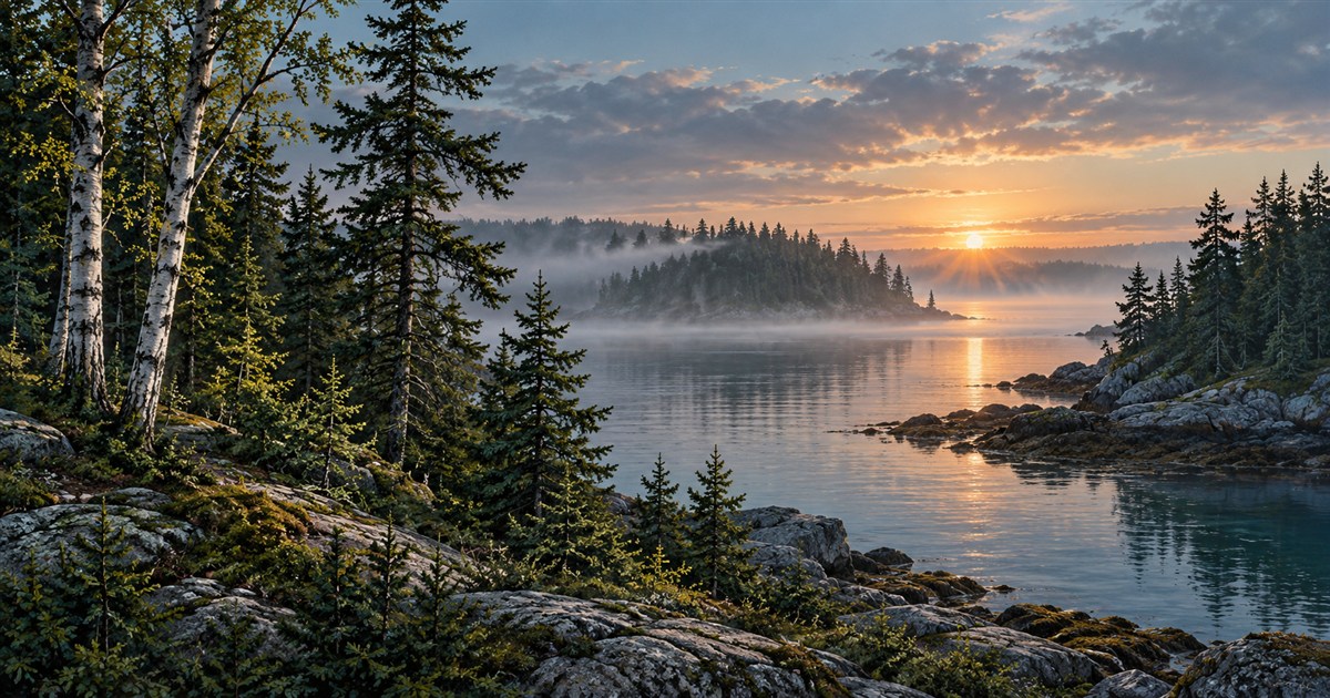 Illustration of a quiet Nova Scotia coastal woodland and water at dawn.